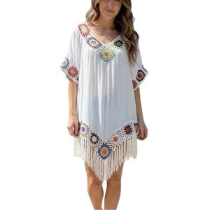 Boho White Multicolour Crochet Short Sleeve Cover Up Tunic Top Large